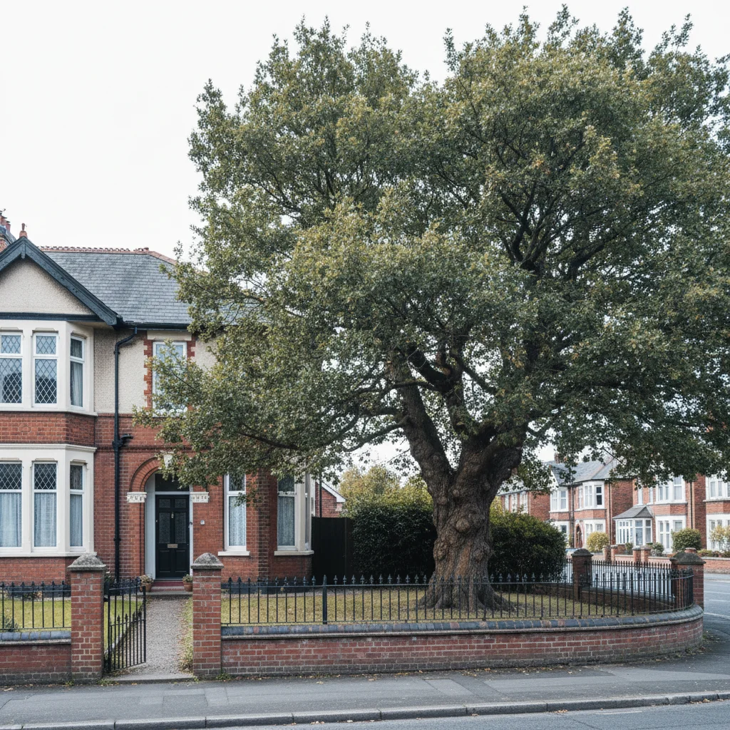 A magnificent mature English oak in the front garden of an Edwardian bay-window semi-detached house, inner Stoke-on-Trent suburb, soft overcast morning